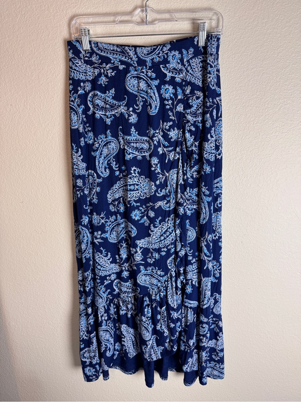 Talbots Blue Paisley Knit Stretch Pull-On Faux Wrap Ruffle Maxi Skirt ~ Size S